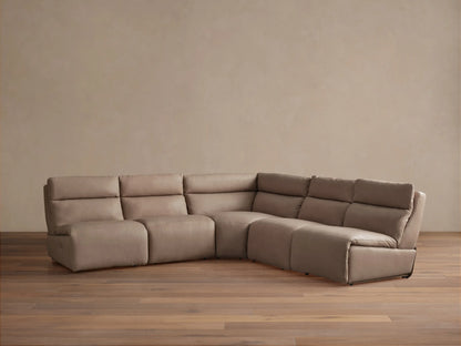 Light taupe leather Rowland 5-piece armless motion corner sectional, its corner piece partially reclined on wood floor.
