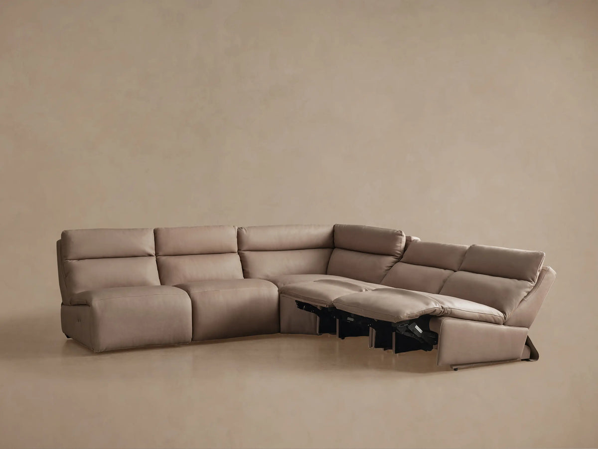 Rowland Tailored Leather Five-Piece Corner Sectional, light beige, rear and side view, showcasing its modular design.