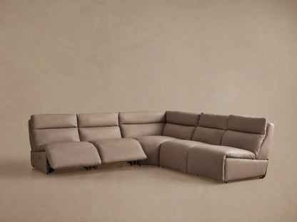 Rowland Tailored Leather Five-Piece Armless Motion Corner Sectional, light brown, with one seat partially reclined.