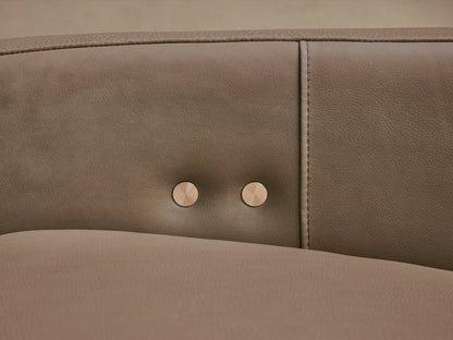 Rowland Tailored Leather Six-Piece Motion Sectional, L-shaped, taupe leather, with modular reclining seats on a wood floor.