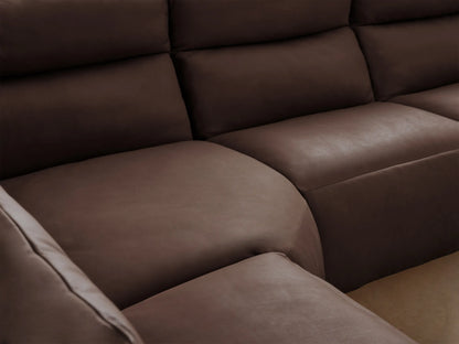 Dark brown Rowland Tailored Leather Six-Piece Motion Sectional, L-shaped with plush reclining seats, on a wood floor.