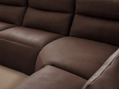 L-shaped Rowland Tailored Six-Piece Motion Sectional in dark brown leather, with individual reclining sections, on a wood floor.