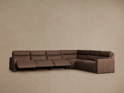 L-shaped Rowland Tailored Leather Six-Piece Motion Sectional in taupe brown, with several recliners partially open.