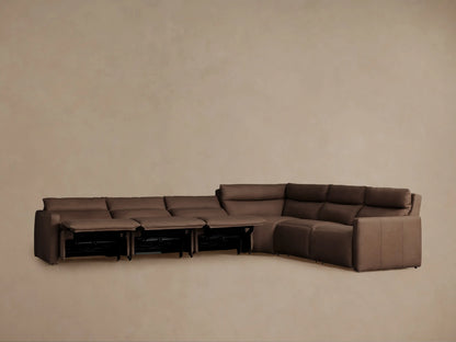 Dark brown Rowland Tailored Leather Six-Piece Motion Sectional. Four recliners are extended, forming an L-shape.