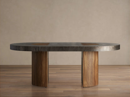 Oval Acacius Dining Table with a dark, smooth surface on two sturdy reclaimed wood legs; set in a neutral-toned room.