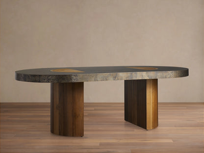Acacius Dining Table with an oval top featuring oxidized steel and reclaimed yukas veneer. Two sturdy wooden legs support it.
