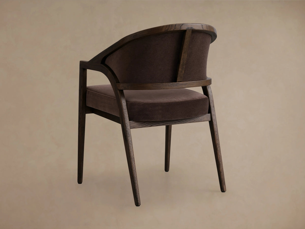 Aimee Upholstered Back Dining Arm Chair featuring a solid oak frame and brown upholstered back and seat, with lacquer finish.