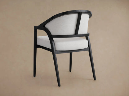 Aimee Upholstered Back Dining Arm Chair with solid oak frame, shown from above angled view. Features dark wood finish and light fabric.