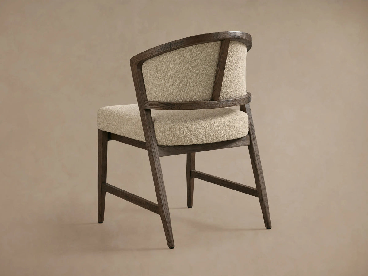 Aimee Upholstered Back Dining Side Chair in solid oak, featuring a beige upholstered back and seat, with a dark lacquered finish.