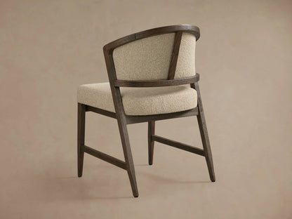 Aimee Upholstered Back Dining Side Chair in solid oak, featuring a beige upholstered back and seat, with a dark lacquered finish.