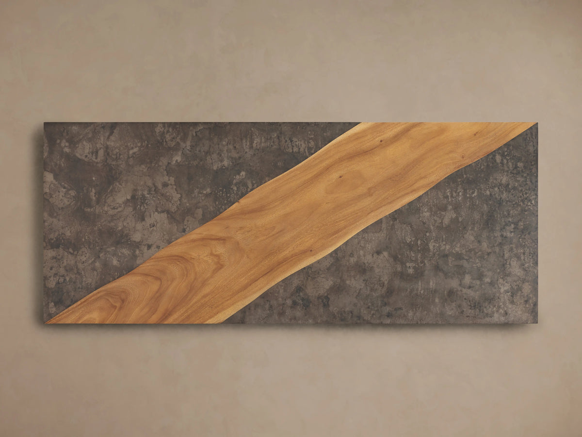Almeria Dining Table showing a close-up of the corner with smooth guanacaste wood and textured, distressed oxidized steel panels.