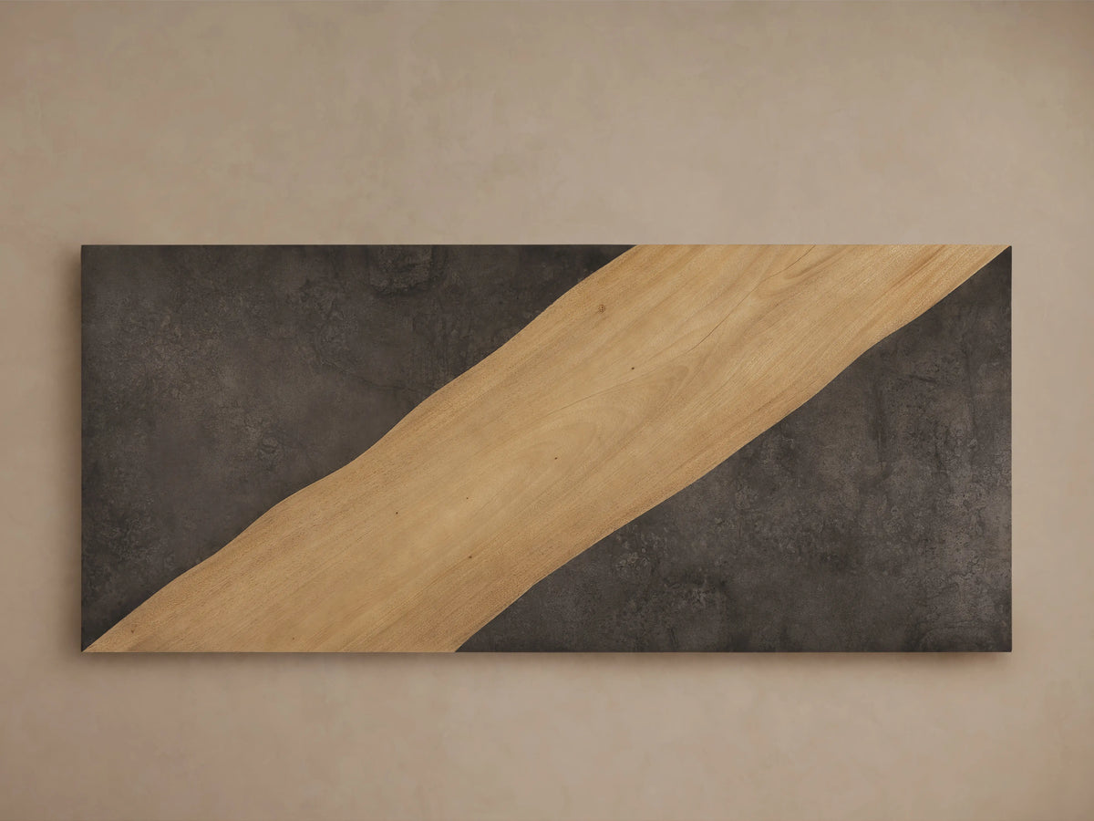 Almeria Dining Table corner with contrasting materials; oxidized steel panel beside smooth guanacaste wood, showing natural texture.