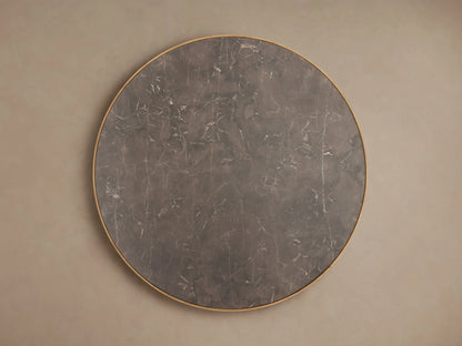 Astor Round Dining Table with dark marble top and vertical oak wood reeding detail, showcasing unique textures and colors.