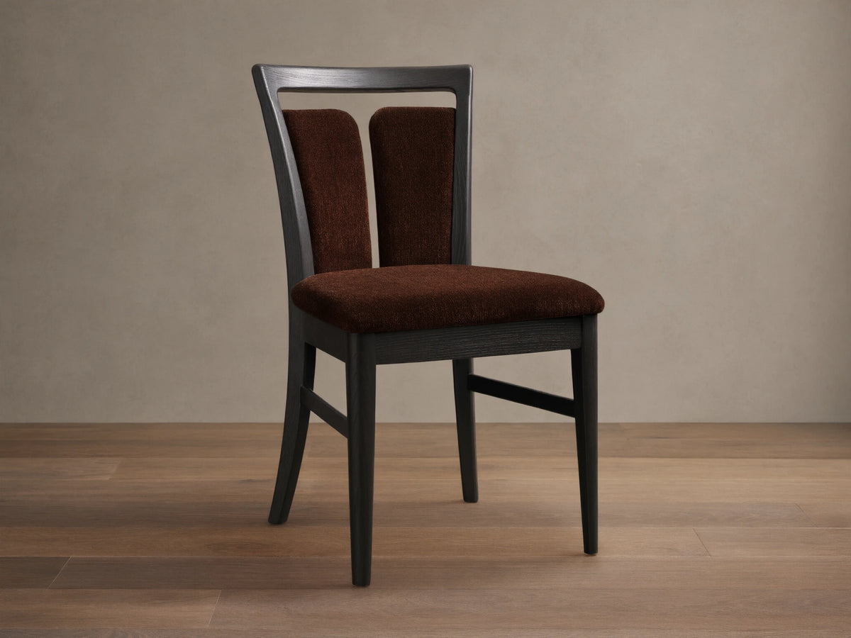 Front view of the dark ash wood Beatrice Dining Side Chair with brown fabric upholstery and a signature split-back design.
