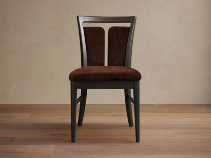 Front view of the dark ash wood Beatrice Dining Side Chair with brown fabric upholstery and a signature split-back design.