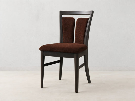 Front view of the dark ash wood Beatrice Dining Side Chair with brown fabric upholstery and a signature split-back design.