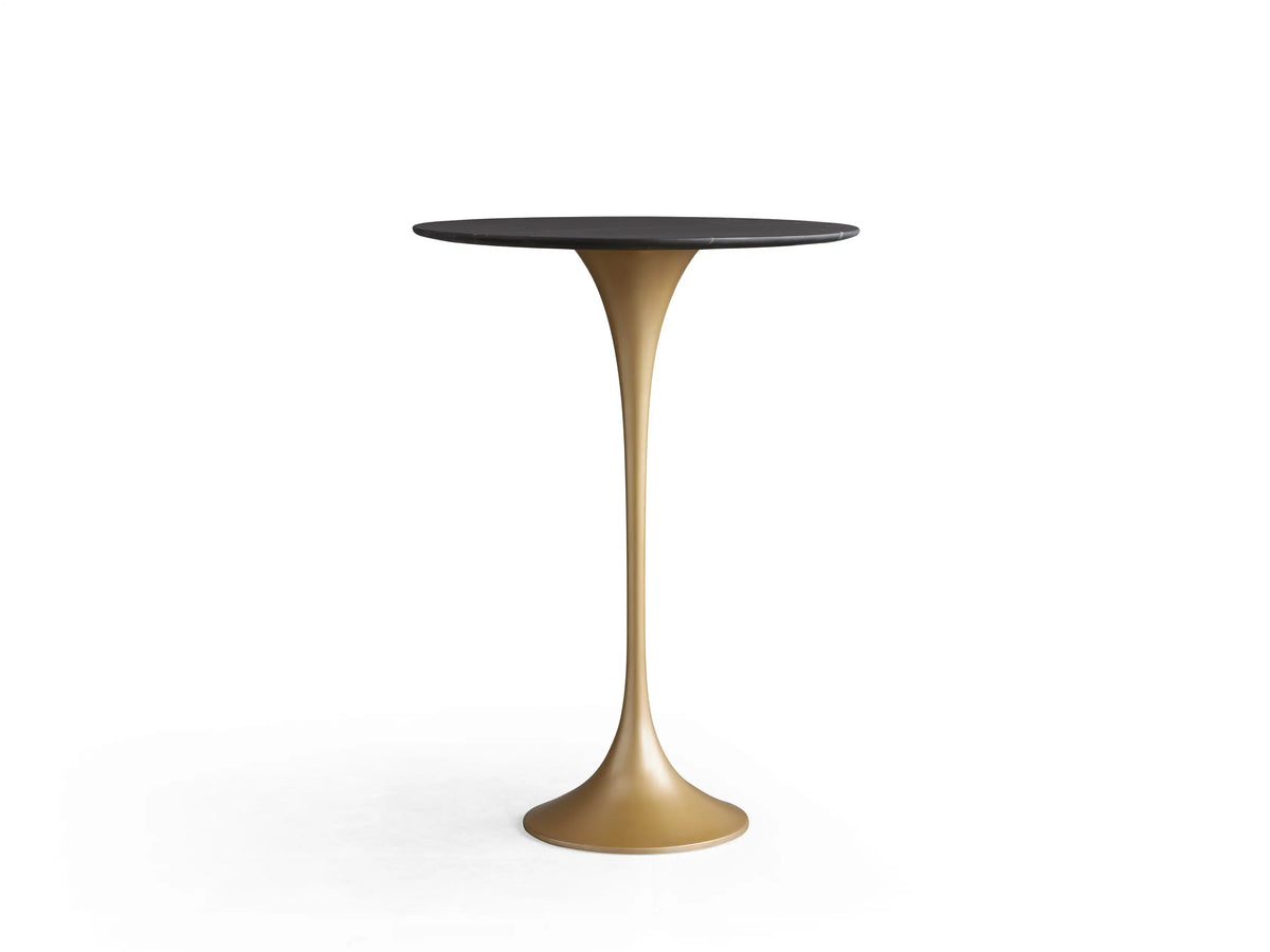 Round Saint Germain Bar Table with a smooth black marquina marble top featuring white veining on a neutral background.
