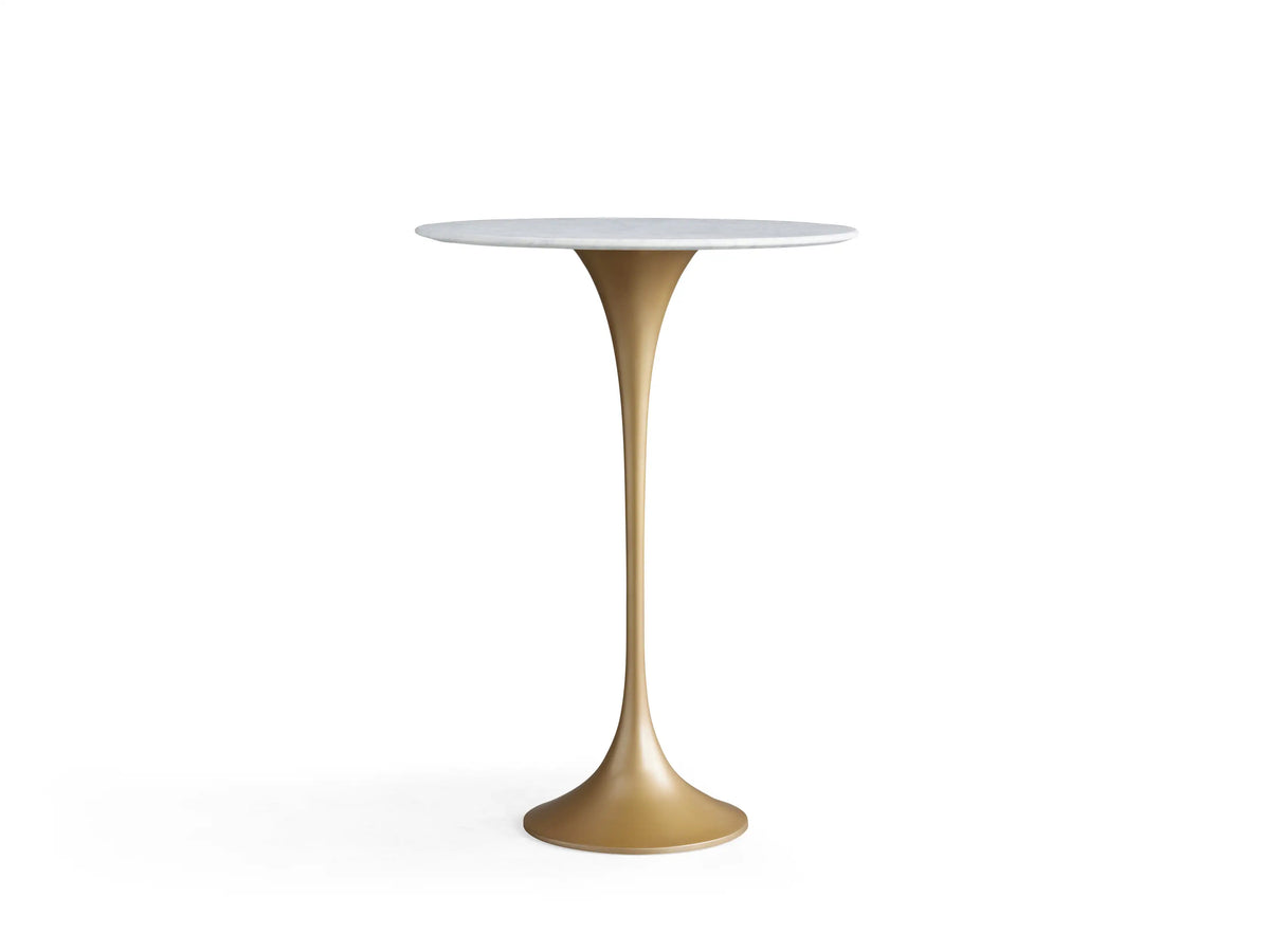 Round Saint Germain Bar Table with Carrara marble top. White surface with gray veining, viewed from above, on neutral background.