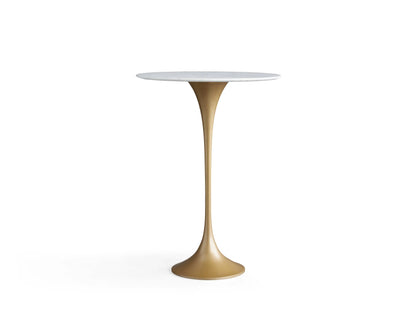 Round Saint Germain Bar Table with Carrara marble top. White surface with gray veining, viewed from above, on neutral background.