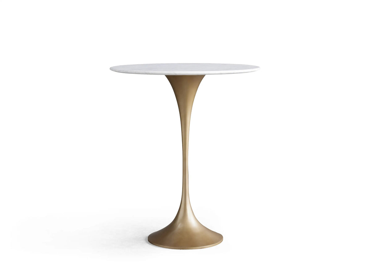 Round tabletop of Saint Germain Counter Table made of white Carrara marble with natural grey veining, viewed from above.