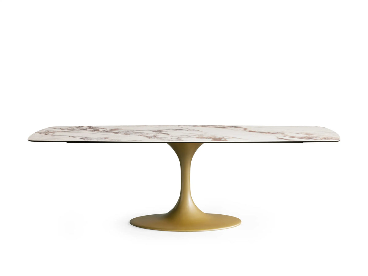Top view of the Vincenza Dining Table showing a ceramic tabletop with calacatta marble pattern, rectangular shape with rounded corners.