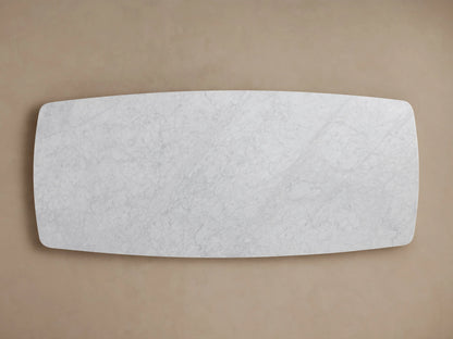 Saint Germain Stone Dining Table, rectangular Carrara marble top, soft grey veining, smooth finish, viewed from above.