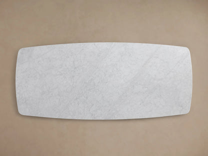 Saint Germain Carrara marble tabletop, featuring white surface with natural grey veining, smooth rounded edges, close-up view.