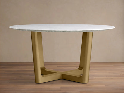 Front view of the White Carrara marble Saint Germain Round Stone Dining Table with Antique Brass Rennes Base in Metal.