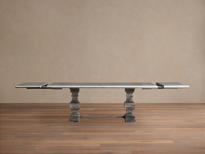 Cerea Amalfi Bell'Arte Dining Table. Rectangular dark top, white hand-painted border, distressed grey double pedestal base.