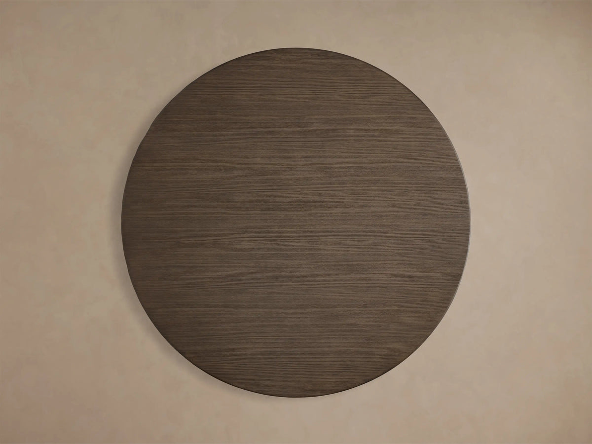 Top-down view of the round Chestnut top of the Saint Germain 60" Round Chestnut Top Dining Table, showing horizontal wood grain.