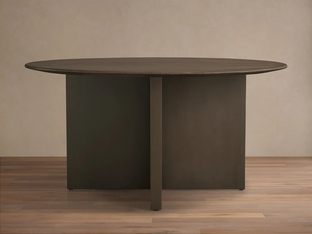 Front view of Saint Germain 60" Round Chestnut Top Dining Table with Metal Clement Base, showing the rich dark wood top and dark metal base.