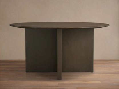 Front view of Saint Germain 60" Round Chestnut Top Dining Table with Metal Clement Base, showing the rich dark wood top and dark metal base.