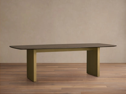 Saint Germain wood dining table with solid rectangular top in dark wood finish and thick rectangular legs in a light gold tone.