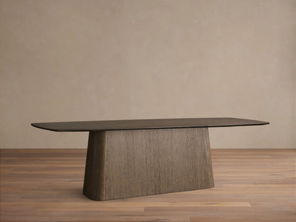Saint Germain Wood Dining Table with dark ebony tabletop, rounded corners, and a light brown textured Toulouse base.