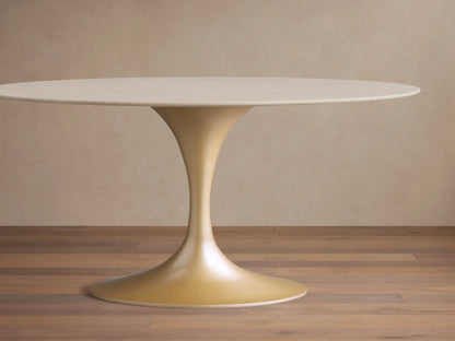 Round Saint Germain Bistro Table with a cream marble top showing subtle veining and a smooth, steel base in a soft gold hue.