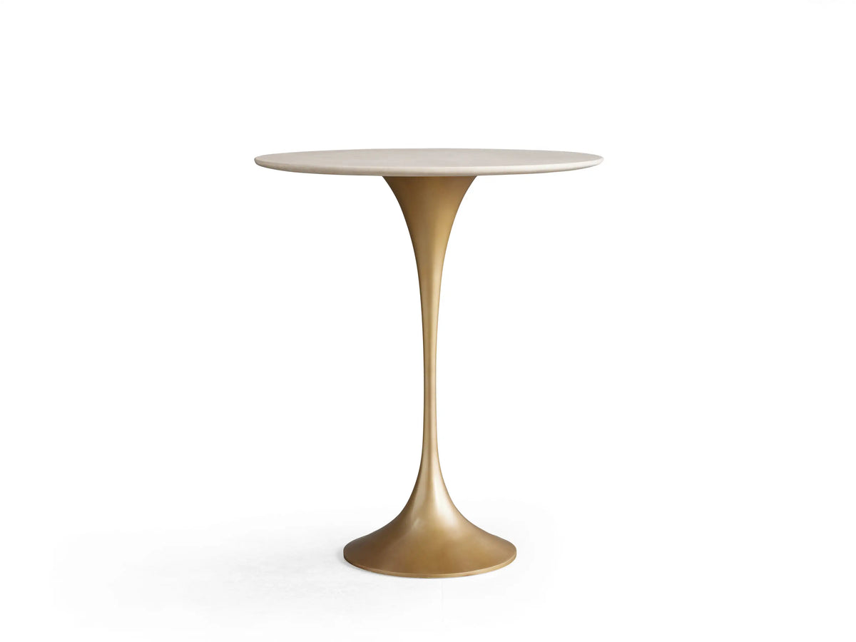 Saint Germain Counter Table with a round marble top and a sleek, tapered steel base in a bronze finish, standing on a white backdrop.
