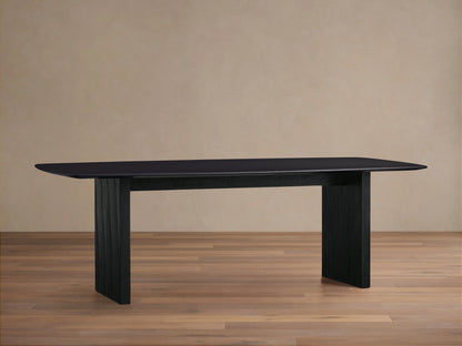 Saint Germain Dining Table with solid oak top and ebony finish, featuring a sleek, rectangular design with a matching wood base.