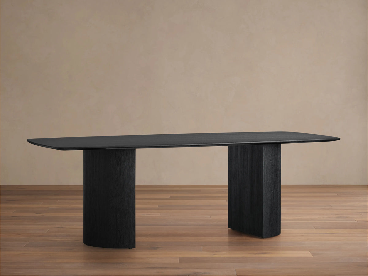 Saint Germain Wood Dining Table shown from above, features a rectangular solid oak tabletop with an Ebony finish.