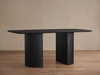Saint Germain Wood Dining Table with an elongated oval top in ebony finish; two solid ebony-finished parallel rectangular bases.