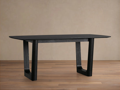 Saint Germain Wood Dining Table with a dark Ebony finish, rectangular top and sturdy Rennes base on a wooden floor.