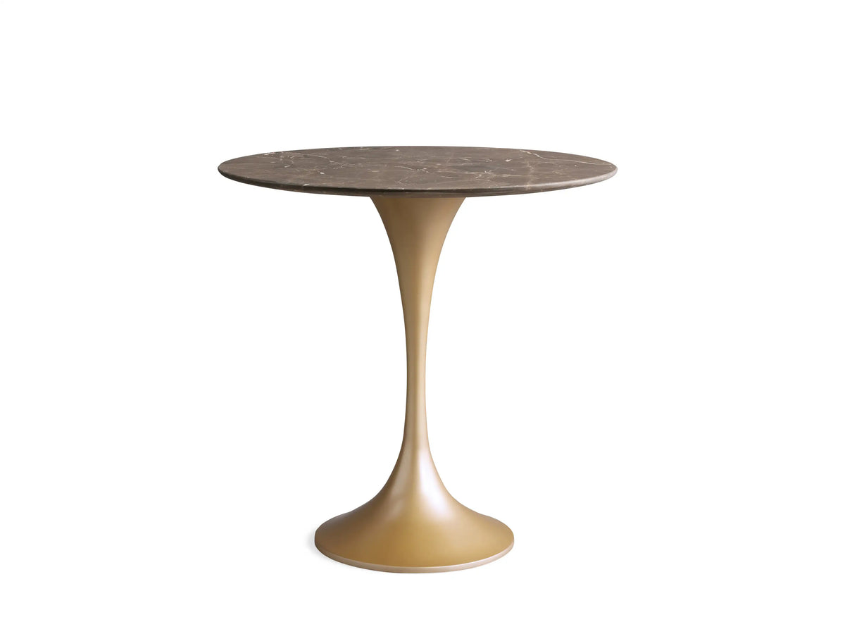 Saint Germain Bistro Table with a circular black marquina marble top, featuring natural white veining, viewed from above.