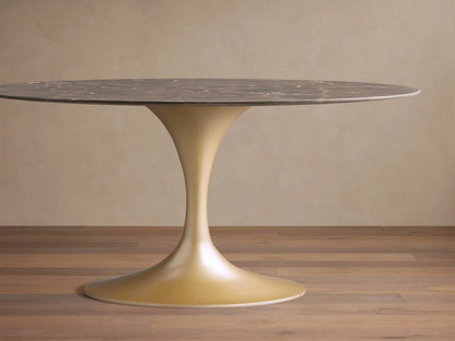 Saint Germain Bistro Table with espresso brown stone top showing natural veining, on a sleek golden steel base.