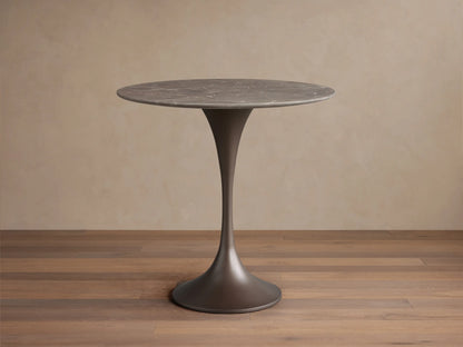 Saint Germain Bistro Table with espresso brown stone top, featuring natural veining patterns, and a sleek steel base.