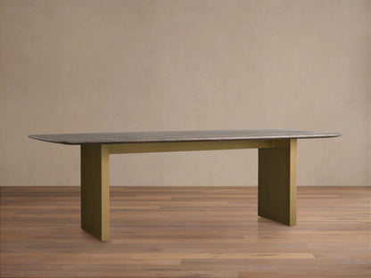 Overhead view of a Saint Germain Stone Dining Table in espresso brown stone, showing unique natural patterns and veining.