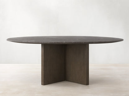 Front view of the Saint Germain Round Stone Top Dining Table with an espresso brown stone top and dark wood Clement Base.