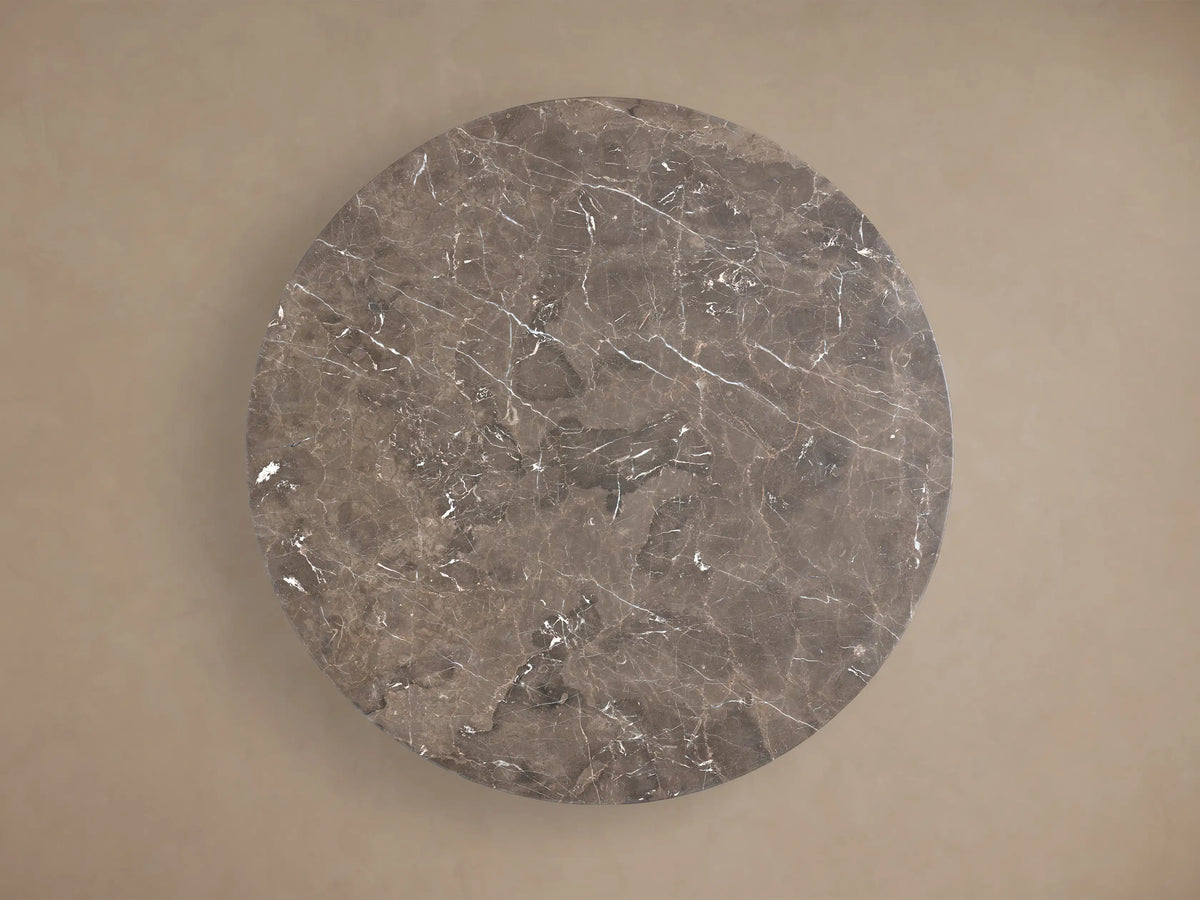 Front view of the Saint Germain Round Stone Top Dining Table with an espresso brown stone top and dark wood Clement Base.