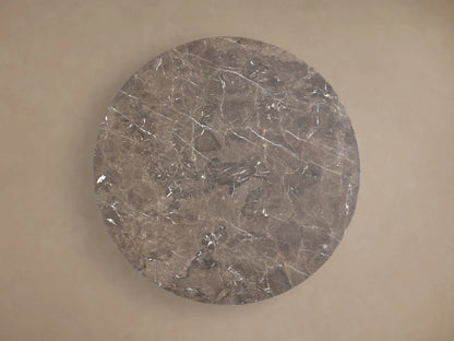 Front view of the Saint Germain Round Stone Top Dining Table with an espresso brown stone top and dark wood Clement Base.