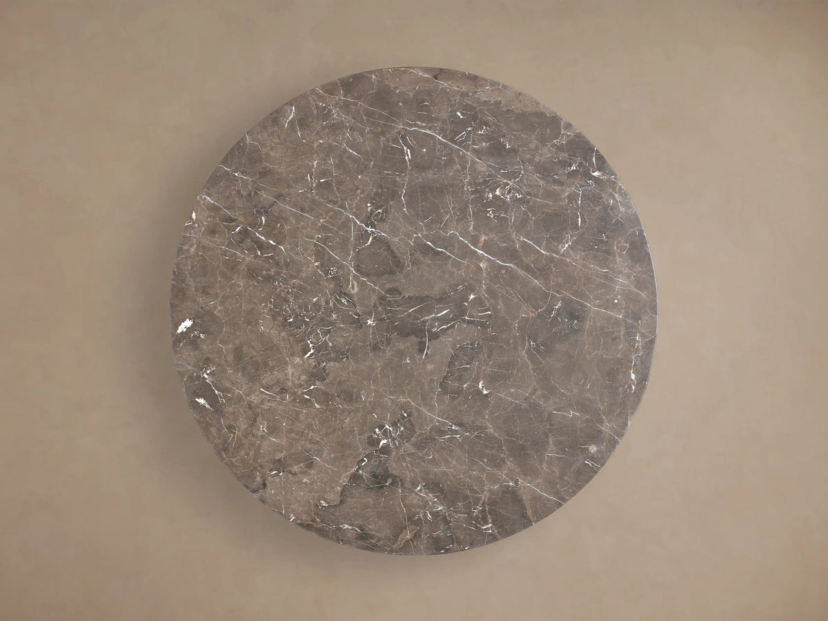 Top view of the espresso brown Saint Germain Round Stone Top Dining Table with white veining.