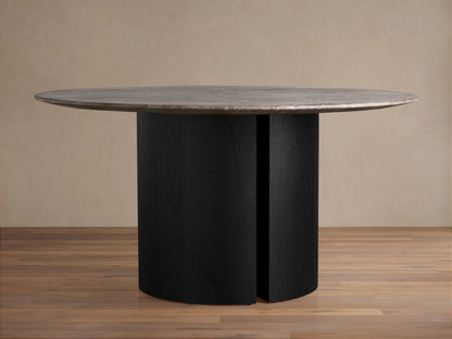 Round dining table with a dark espresso brown stone top and two curved ebony oak veneer bases on a wooden floor.