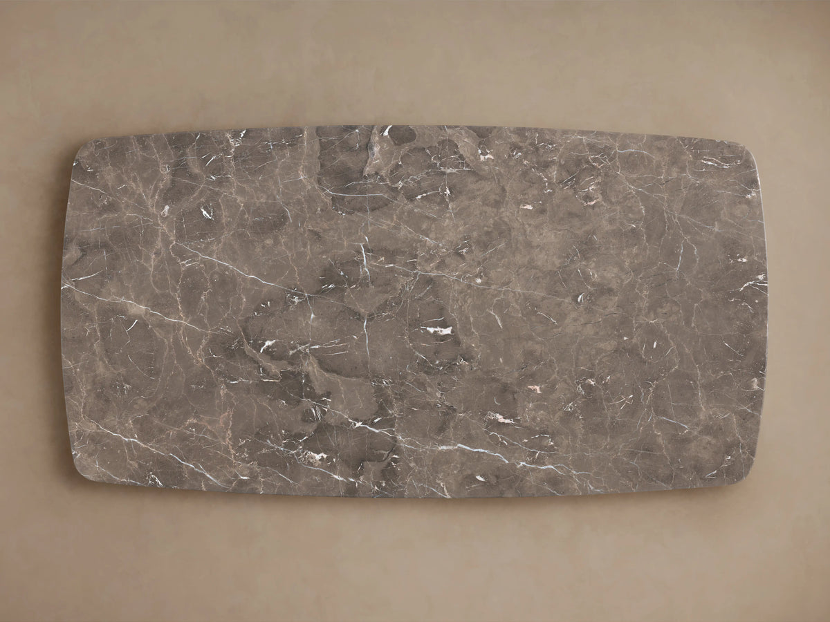 Rectangular espresso brown stone tabletop with unique veining and swirling patterns, viewed from above against a neutral background.